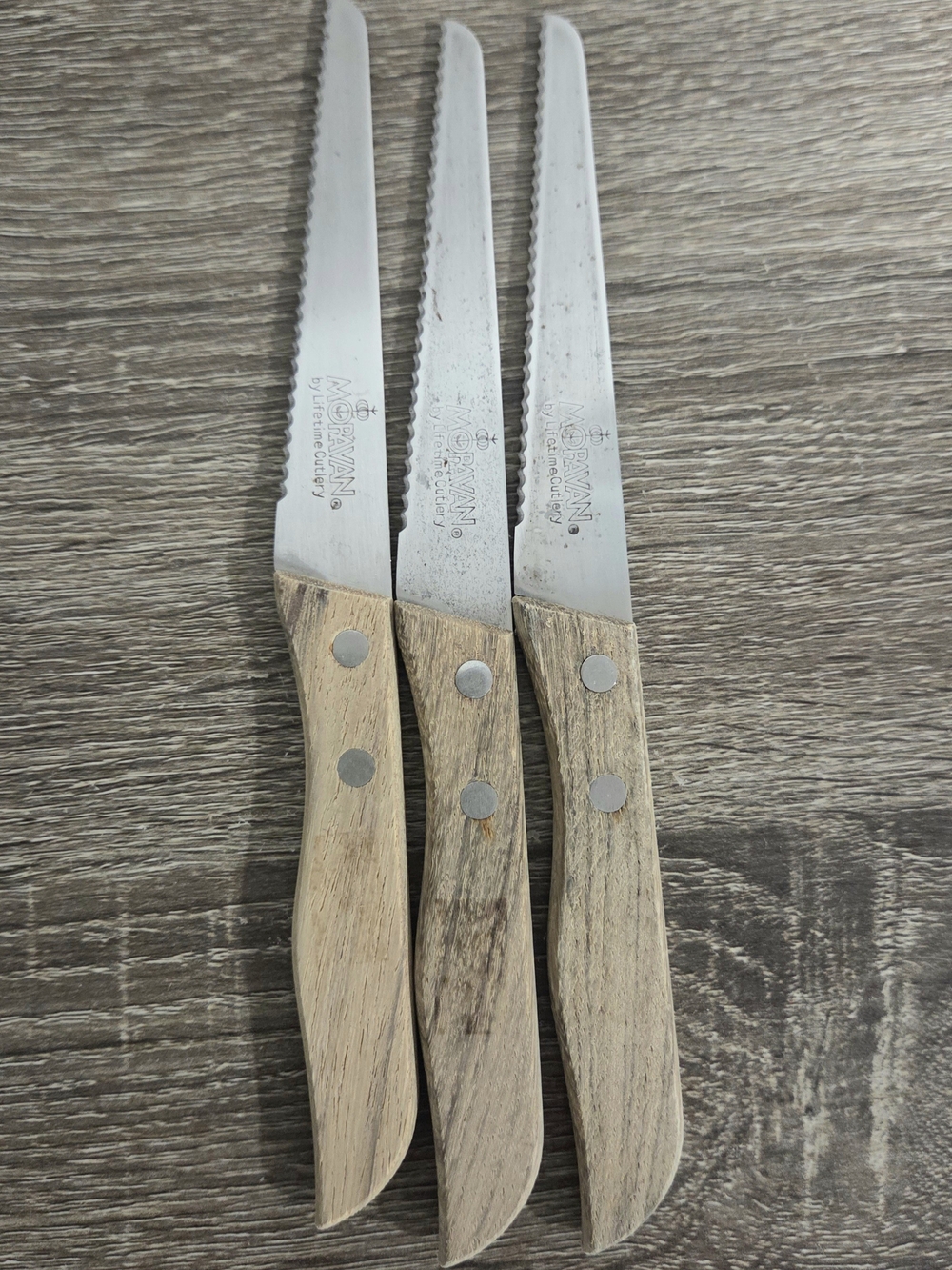 3 Moravan steak knives Japan Serrated Wood Handles Vintage 50’s Stainless Steel.